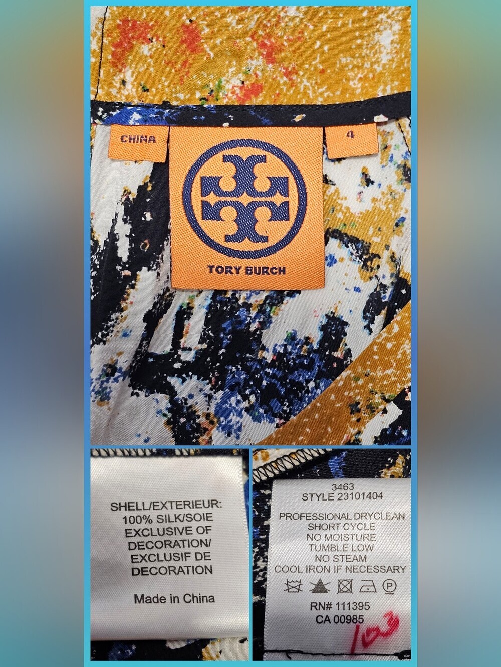 Tory Burch Womens 4 Eileen Silk de Chine Tunic Top Wally Print Stitch Size 4 - Picture 3 of 16